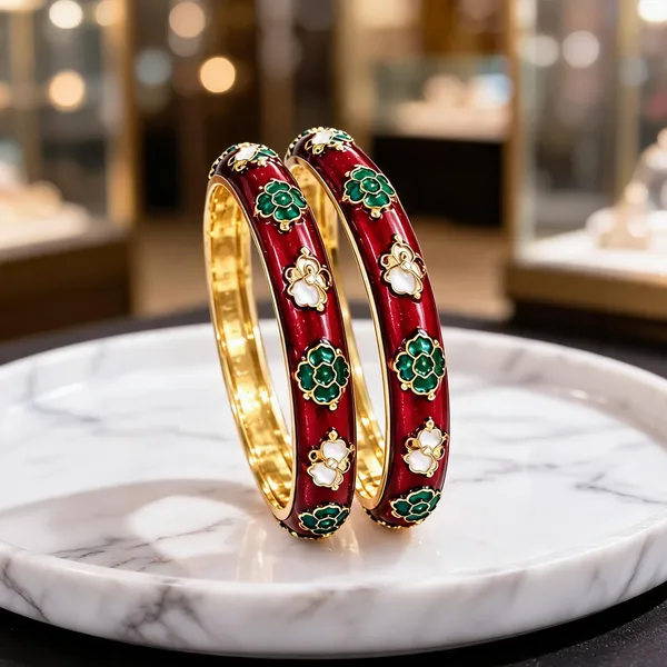 Red_And_Gold_Metal_Enamel_Floral_Bangles_Set_For_Women