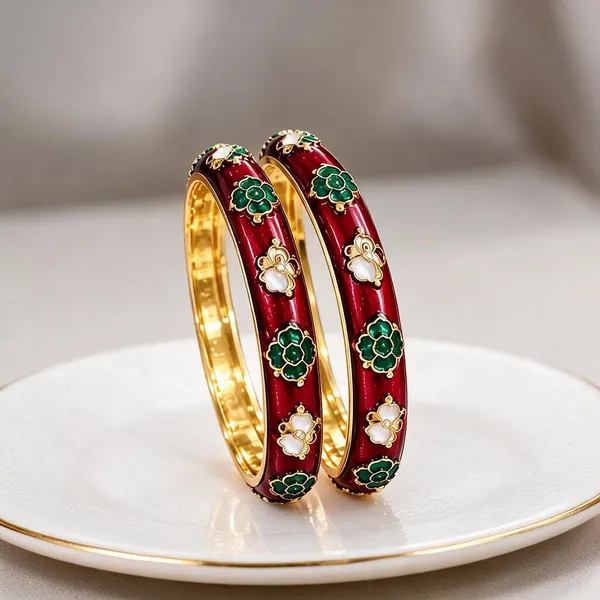 Red_And_Gold_Metal_Enamel_Floral_Bangles_Set_For_Women