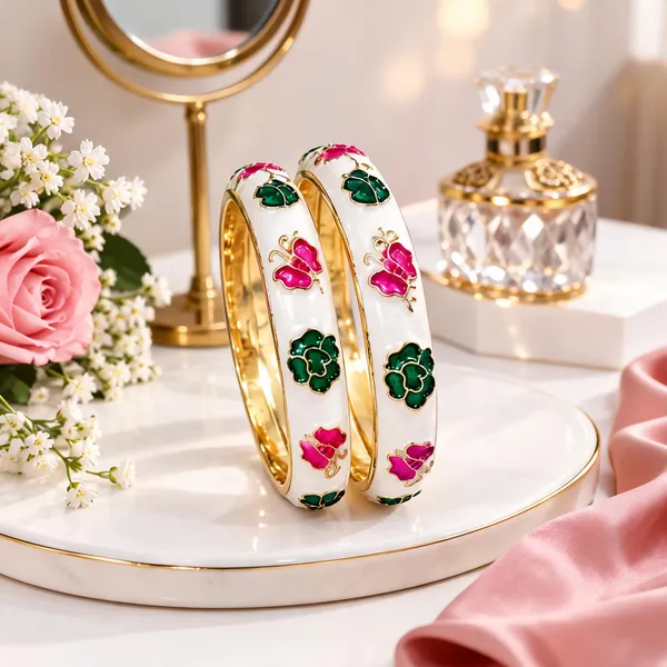 White_And_Gold_Metal_Enamel_Floral_Bangles_For_Women