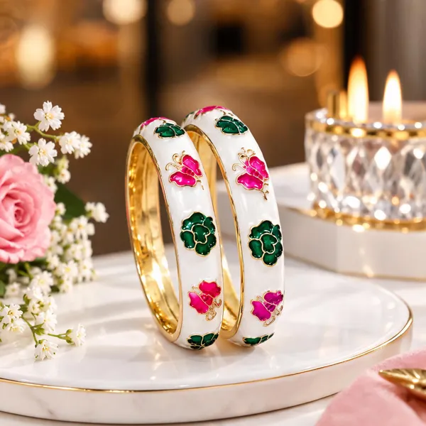 White_And_Gold_Metal_Enamel_Floral_Bangles_For_Women
