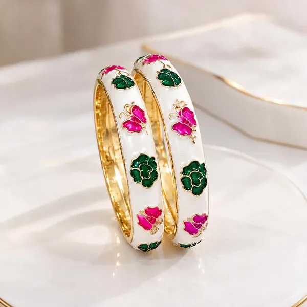 White_And_Gold_Metal_Enamel_Floral_Bangles_For_Women