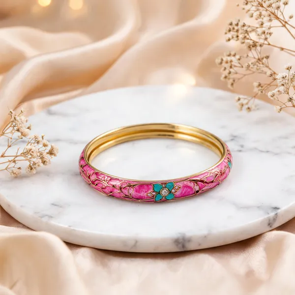 Pink_Gold_Metal_Enamel_Floral_Bangle_For_Women