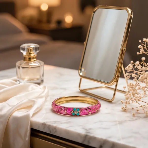 Pink_Gold_Metal_Enamel_Floral_Bangle_For_Women