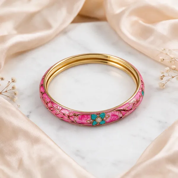 Pink_Gold_Metal_Enamel_Floral_Bangle_For_Women