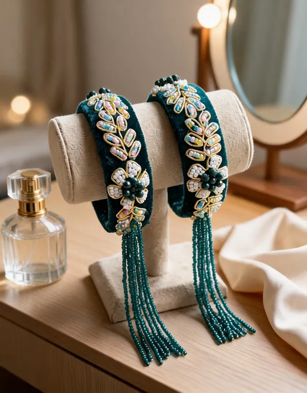 Teal_Velvet_Metal_Embellished_Tassel_Bangle_For_Women