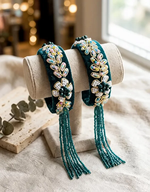 Teal_Velvet_Metal_Embellished_Tassel_Bangle_For_Women