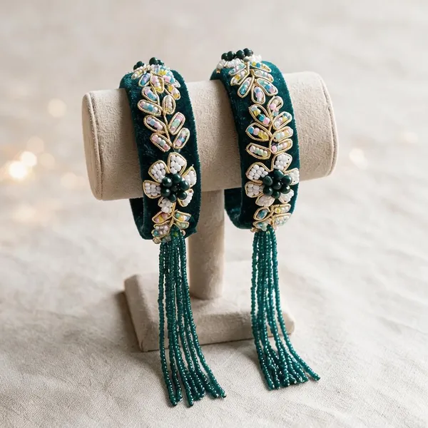 Teal_Velvet_Metal_Embellished_Tassel_Bangle_For_Women