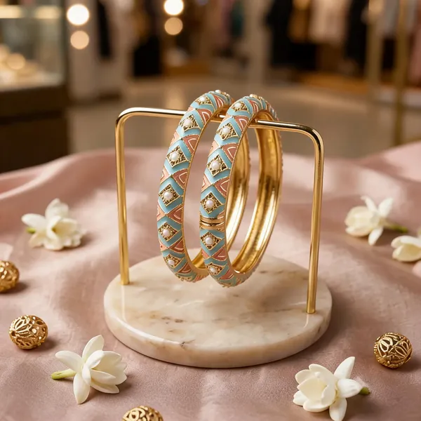 Turquoise_Gold_Metal_Stone_Embellished_Bangles_For_Women