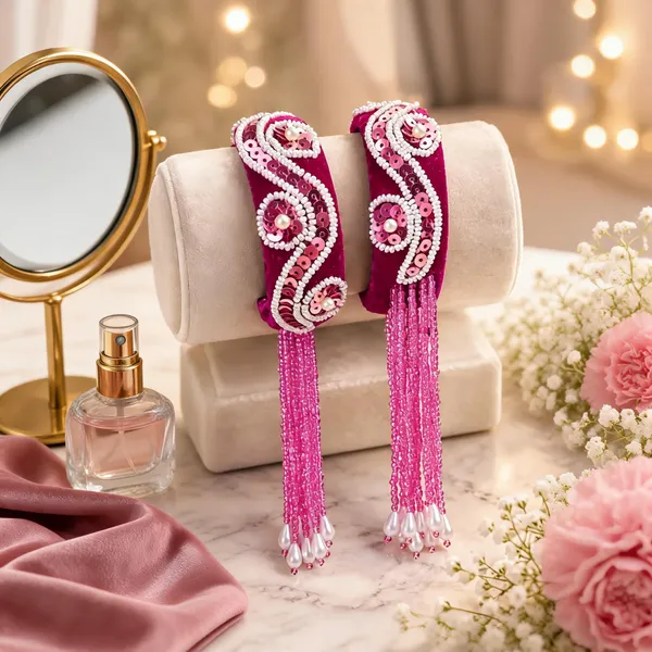 Pink_Velvet_Beaded_Metal_Bangle_For_Women