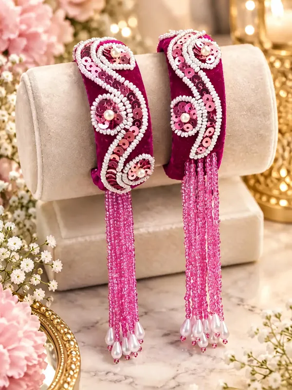 Pink_Velvet_Beaded_Metal_Bangle_For_Women