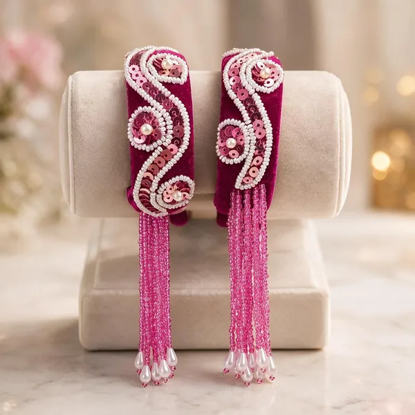 Pink_Velvet_Beaded_Metal_Bangle_For_Women