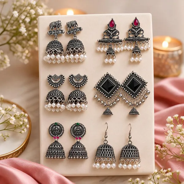 Silver_Oxidized_Alloy_Jhumka_Earrings_Set_For_Women