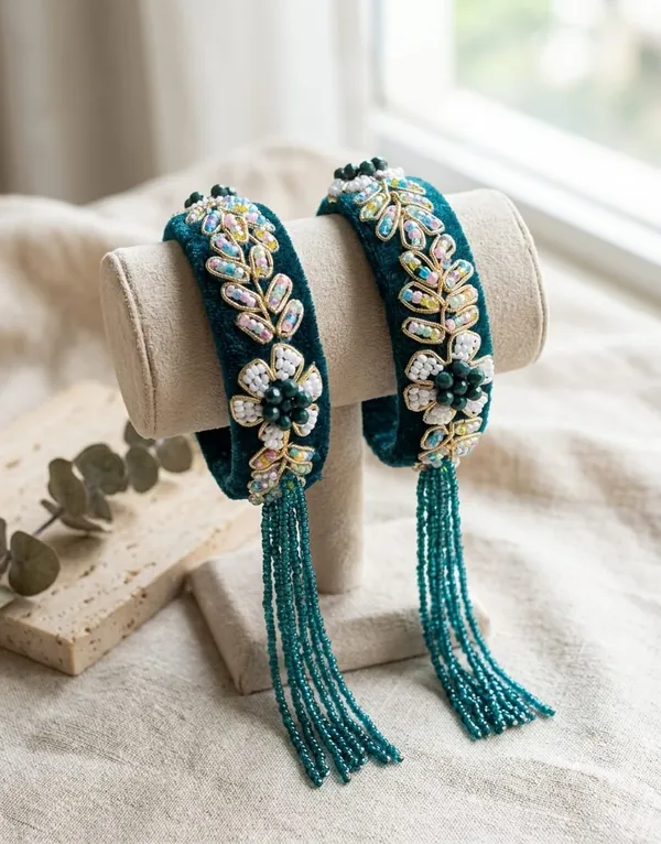 Teal_Velvet_Embellished_Tassel_bangle_for_Women