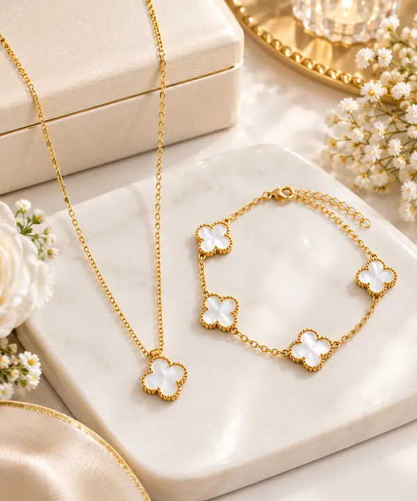 Gold_Tone_Clover_Necklace_And_Bracelet_Set_for_Women