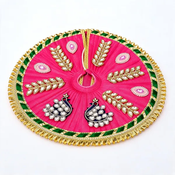 Pink_Net_Gold_Border_Leaf_Motif_Embellished_Laddu_Gopal_Poshak_With_Pagdi