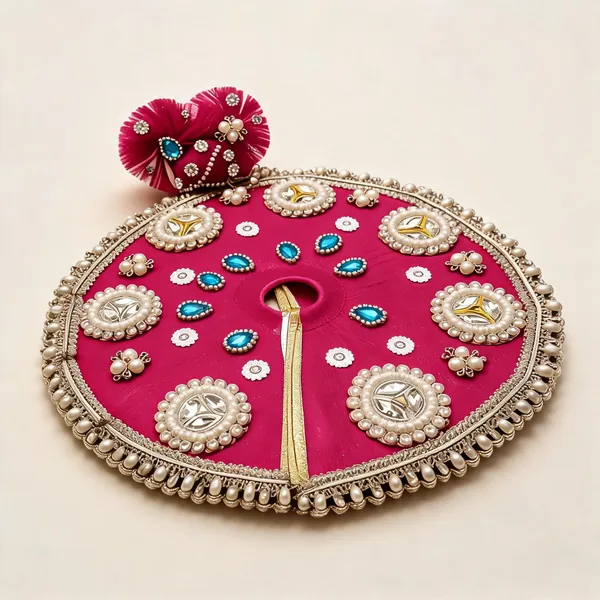 Pink_Fabric_Pearl_Stone_Embellished_Round_Pooja_Thali_Cover