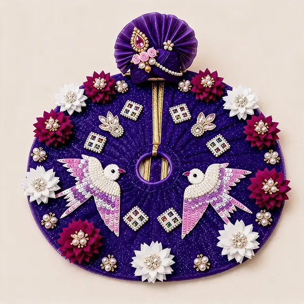 Purple_Net_Floral_Bird_Motif_Embellished_Laddu_Gopal_Poshak_With_Pagdi