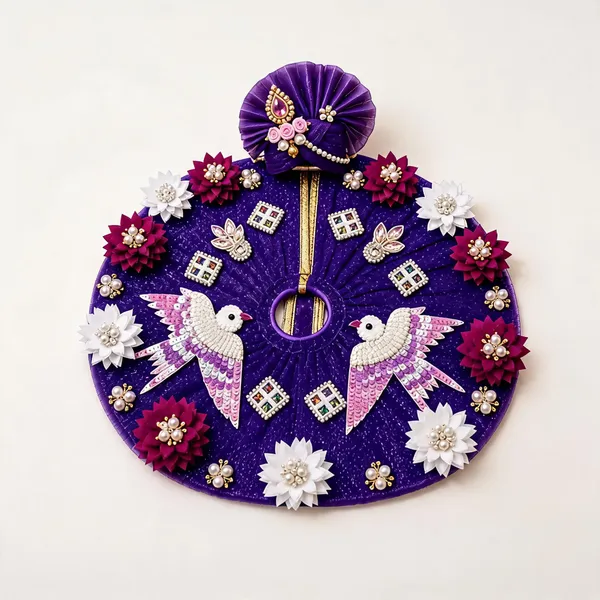 Purple_Net_Floral_Bird_Motif_Embellished_Laddu_Gopal_Poshak_With_Pagdi
