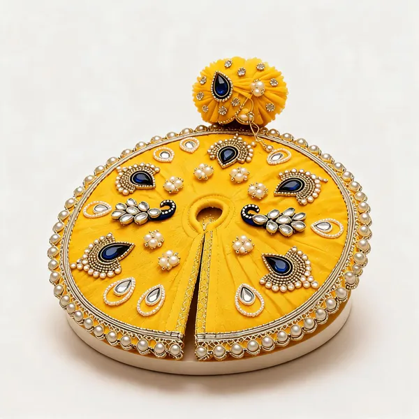 Yellow_Cotton_Stone_Bead_Embellished_Laddu_Gopal_Poshak_With_Pagdi