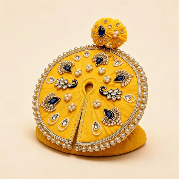 Yellow_Cotton_Stone_Bead_Embellished_Laddu_Gopal_Poshak_With_Pagdi