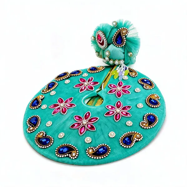 Turquoise_Net_Stone_Pearl_Embellished_Laddu_Gopal_Poshak_With_Pagdi