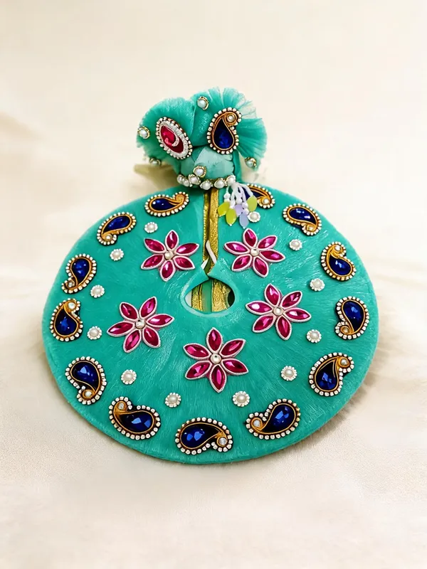 Turquoise_Net_Stone_Pearl_Embellished_Laddu_Gopal_Poshak_With_Pagdi