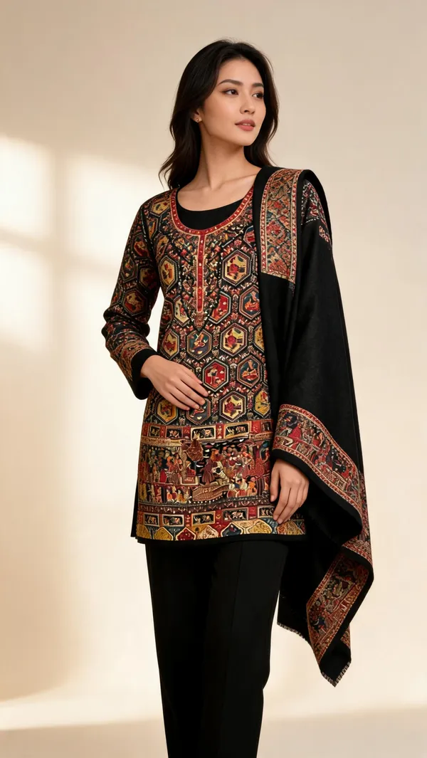 Black_Wool_Kani_Weave_Suit_Set_For_Women