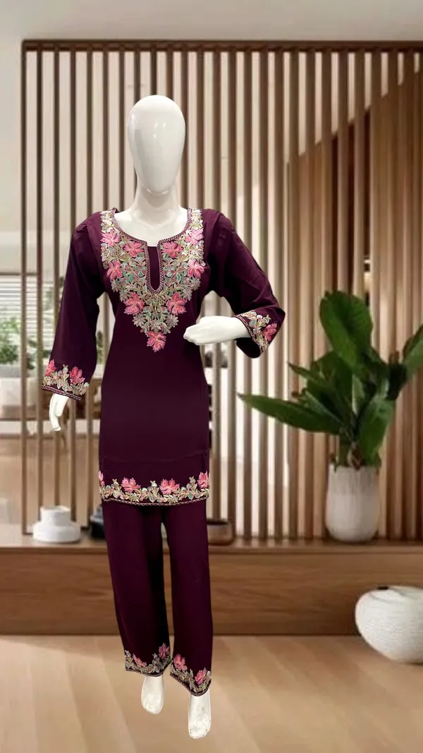 Purple_Wool_Embroidered_Straight_Kurta_Pant_Co-Ord_Set_For_Women