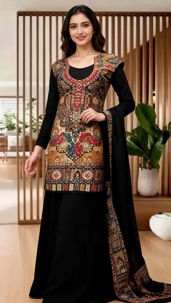 Black_Wool_Printed_Straight_Suit_Set_For_Women