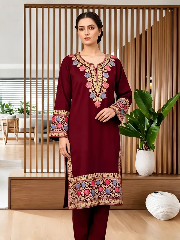 Wine_Wool_Embroidered_Straight_Co-Ord_Set_For_Women