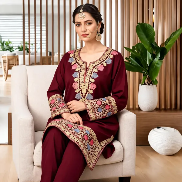 Wine_Wool_Embroidered_Straight_Co-Ord_Set_For_Women