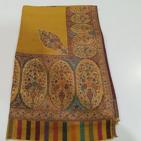 Yellow_Fine_Wool_Kani_Woven_Zari_Palla_Shawl_For_Unisex