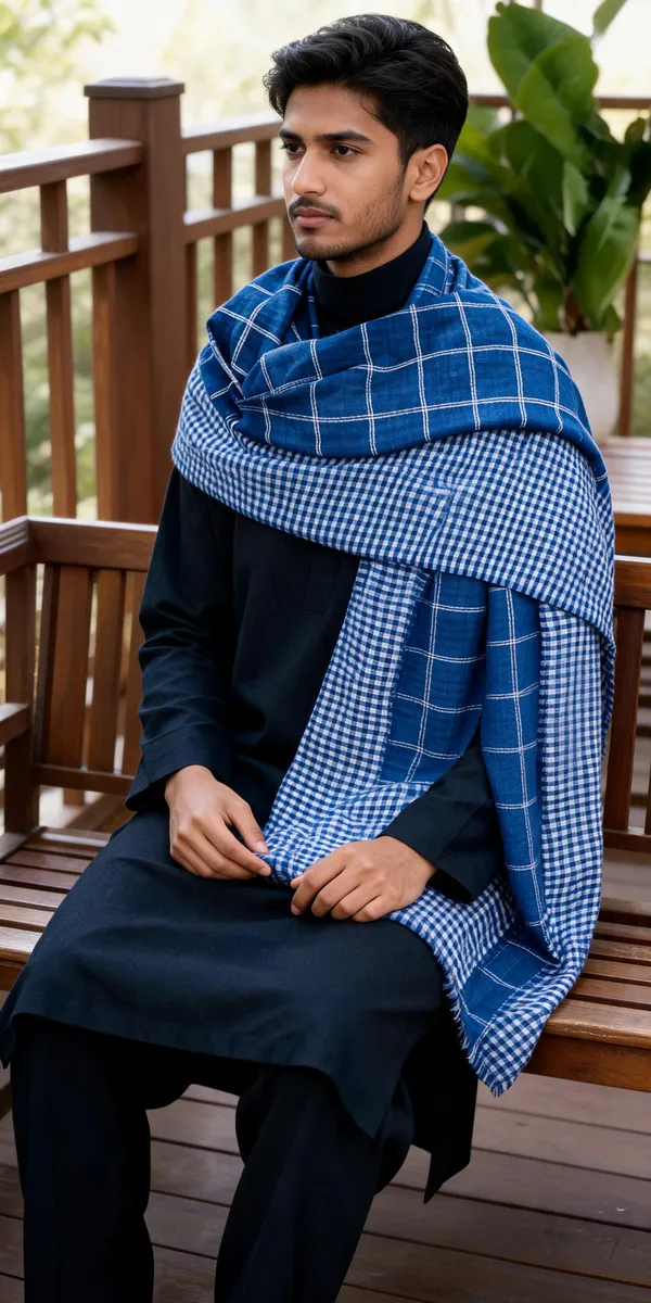 Blue_Wool_Checkered_Stole_For_Unisex
