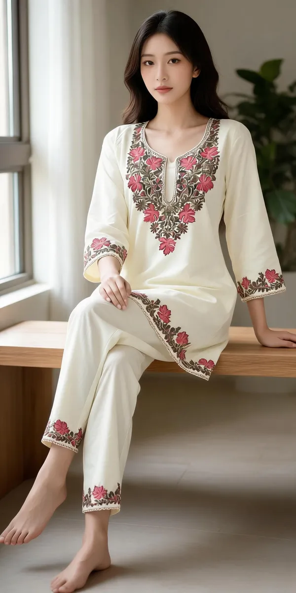 White_Wool_Embroidered_Straight_Kurta_Pant_Co-Ord_Set_For_Women