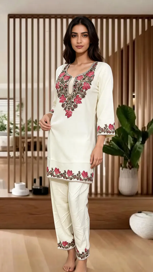 White_Wool_Embroidered_Straight_Kurta_Pant_Co-Ord_Set_For_Women