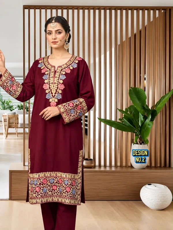 Wine_Wool_Embroidered_Straight_Co-Ord_Set_For_Women