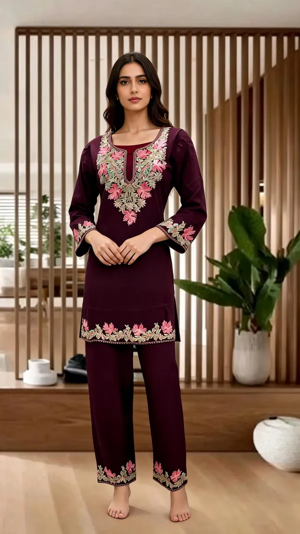 Purple_Wool_Embroidered_Straight_Kurta_Pant_Co-Ord_Set_For_Women