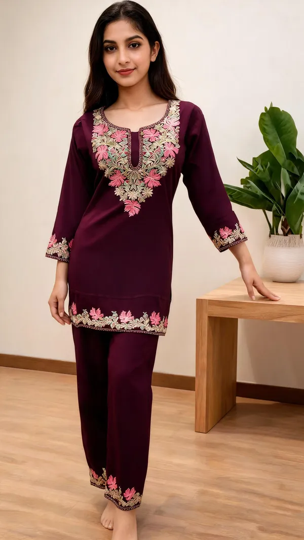 Purple_Wool_Embroidered_Straight_Kurta_Pant_Co-Ord_Set_For_Women