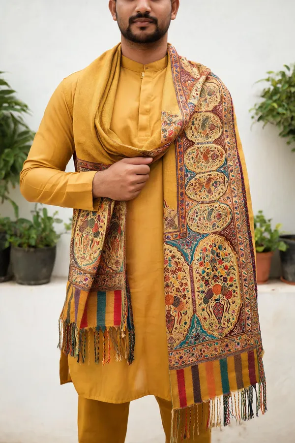 Yellow_Fine_Wool_Kani_Woven_Zari_Palla_Shawl_For_Unisex