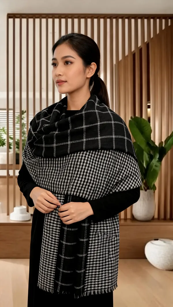 Black_Wool_Woven_Checkered_Stole_For_Unisex