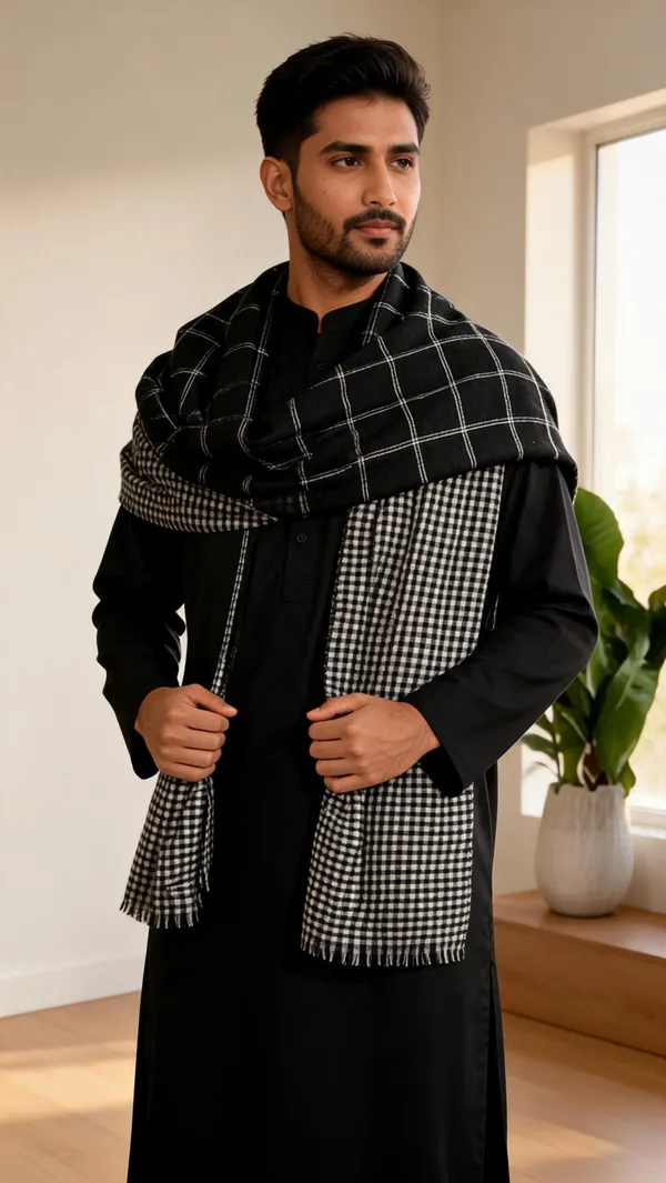 Black_Wool_Woven_Checkered_Stole_For_Unisex