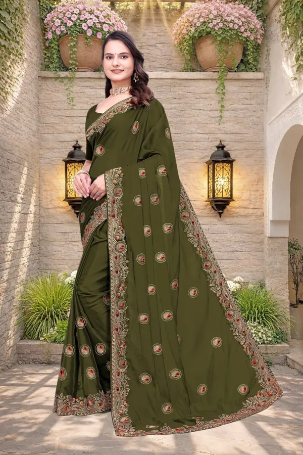 Olive_Green_Star_Georgette_Embroidered_Saree_For_Women
