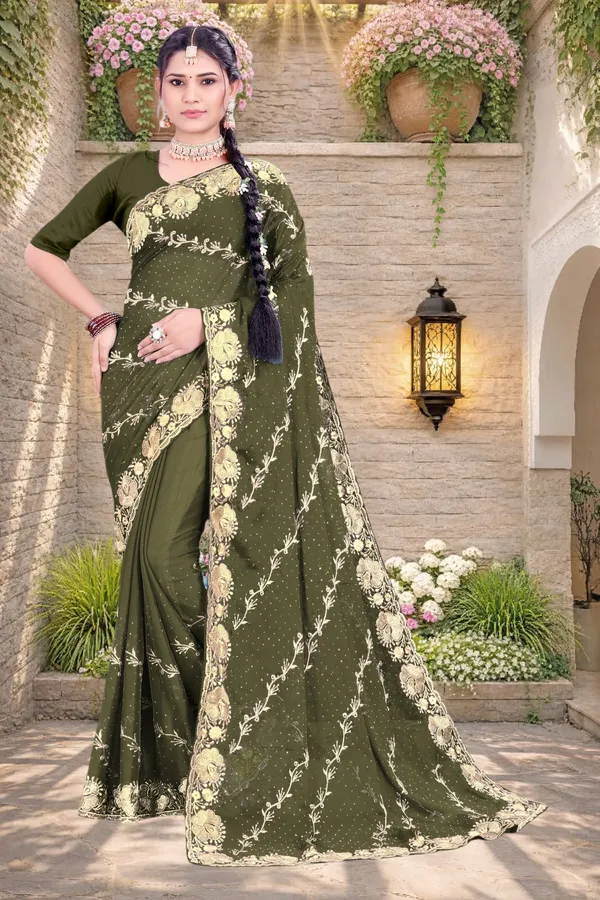 Olive_Green_Star_Georgette_Floral_Embroidered_Saree_For_Women