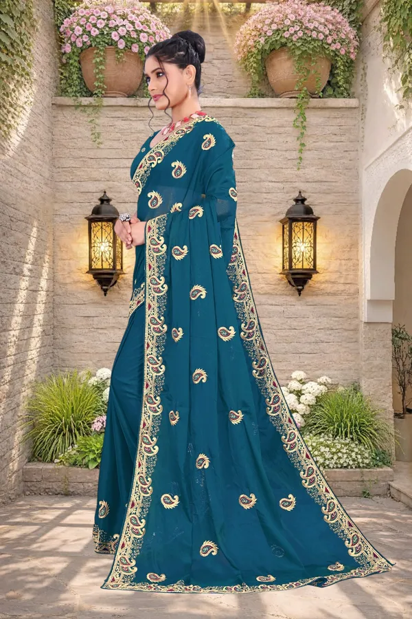 Teal_Star_Georgette_Embroidered_Saree_For_Women