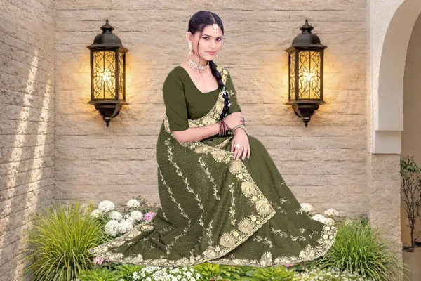 Olive_Green_Star_Georgette_Floral_Embroidered_Saree_For_Women