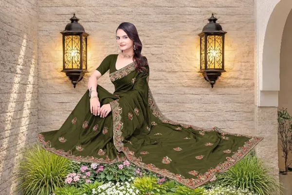 Olive_Green_Star_Georgette_Embroidered_Saree_For_Women