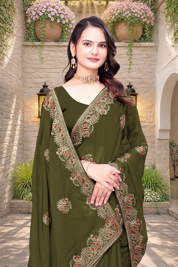 Olive_Green_Star_Georgette_Embroidered_Saree_For_Women