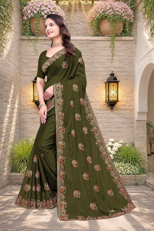 Olive_Green_Star_Georgette_Embroidered_Saree_For_Women