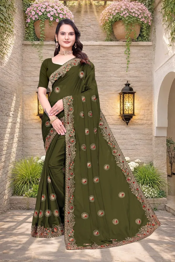 Olive_Green_Star_Georgette_Embroidered_Saree_For_Women