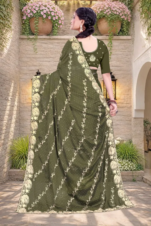 Olive_Green_Star_Georgette_Floral_Embroidered_Saree_For_Women